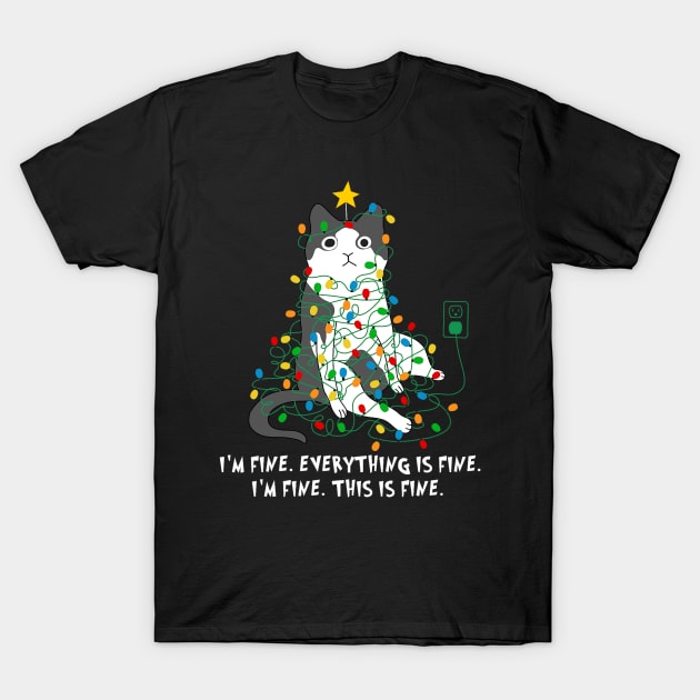 I'm Fine Everything Is Fine Christmas Black Cat Xmas Lights T-Shirt by bowenokau